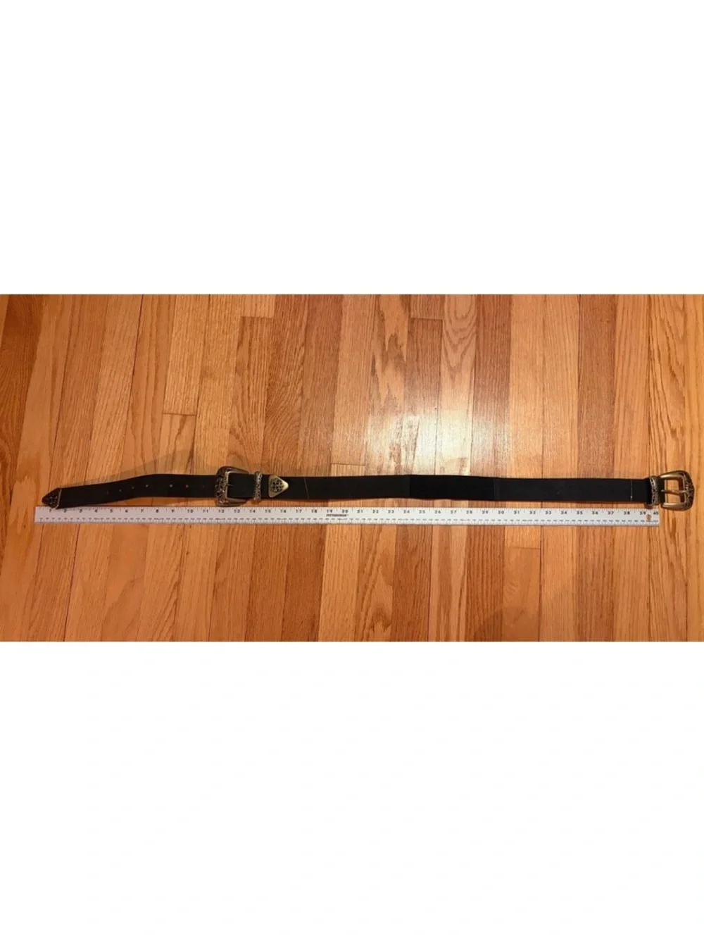 Black Leather Western Double Buckle Belt with Silver-Toned Hardware